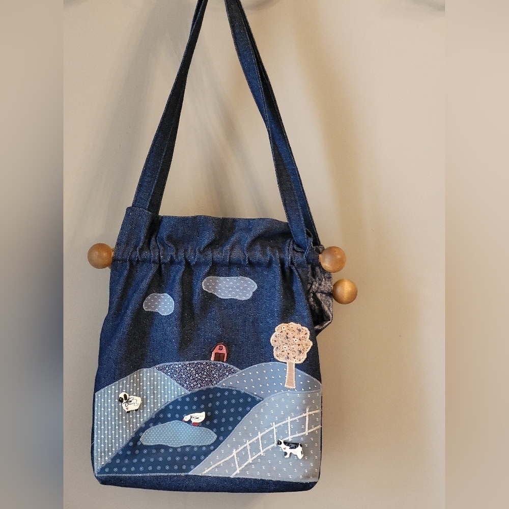 1970s Denim Appliqued Shoulder Bag With Wooden Dowels